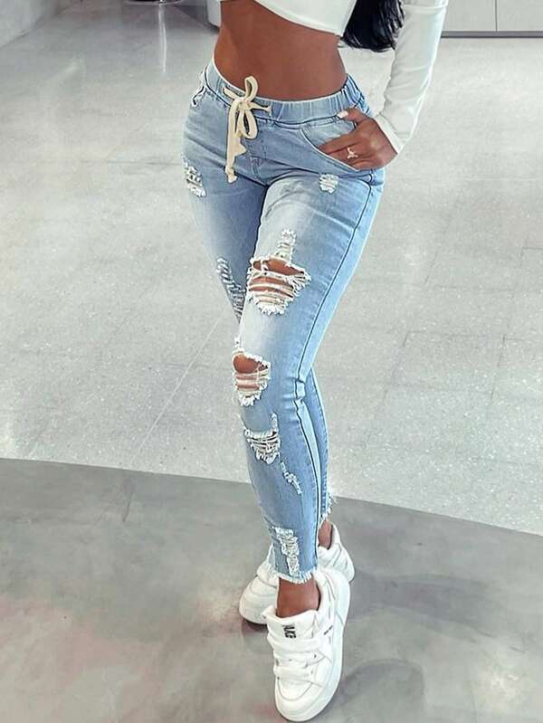 LADIES STRETCH JEANS LIGHT BLUE / BLACK (SIZE S - 2XL)