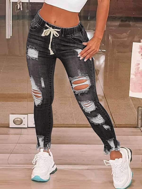 LADIES STRETCH JEANS LIGHT BLUE / BLACK (SIZE S - 2XL)