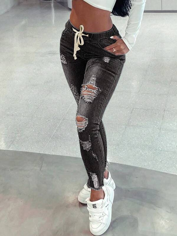 LADIES STRETCH JEANS LIGHT BLUE / BLACK (SIZE S - 2XL)