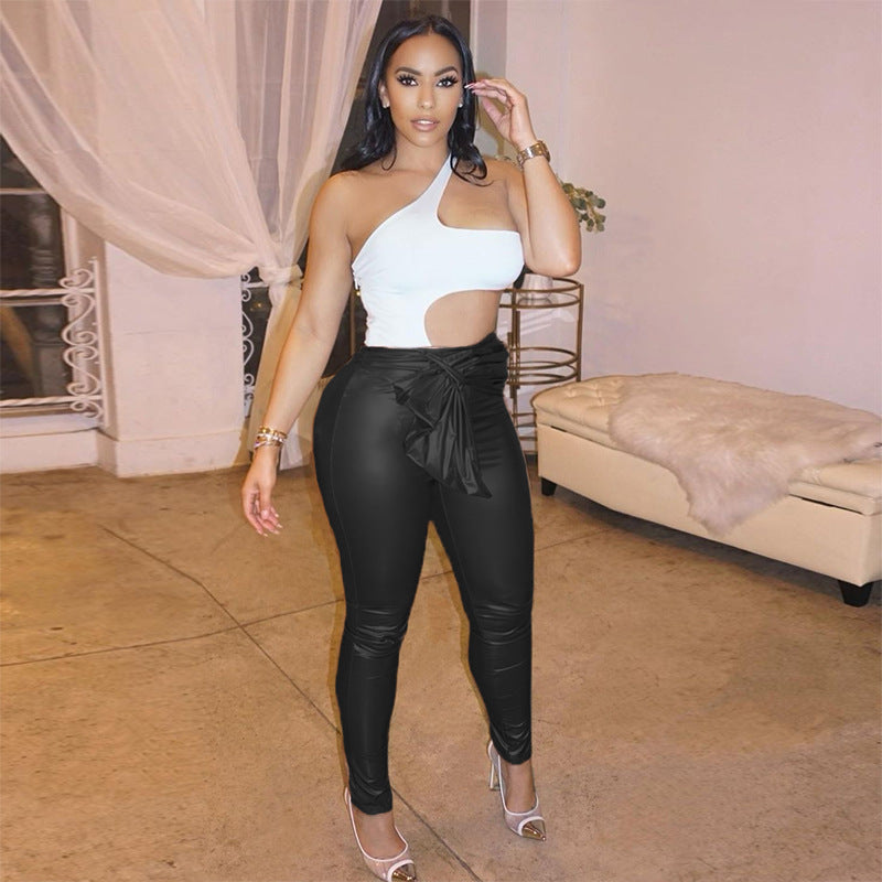LADIES BELTED PU LEATHER PANTS BLACK / CHAMPAGNE (SIZE S-2XL)
