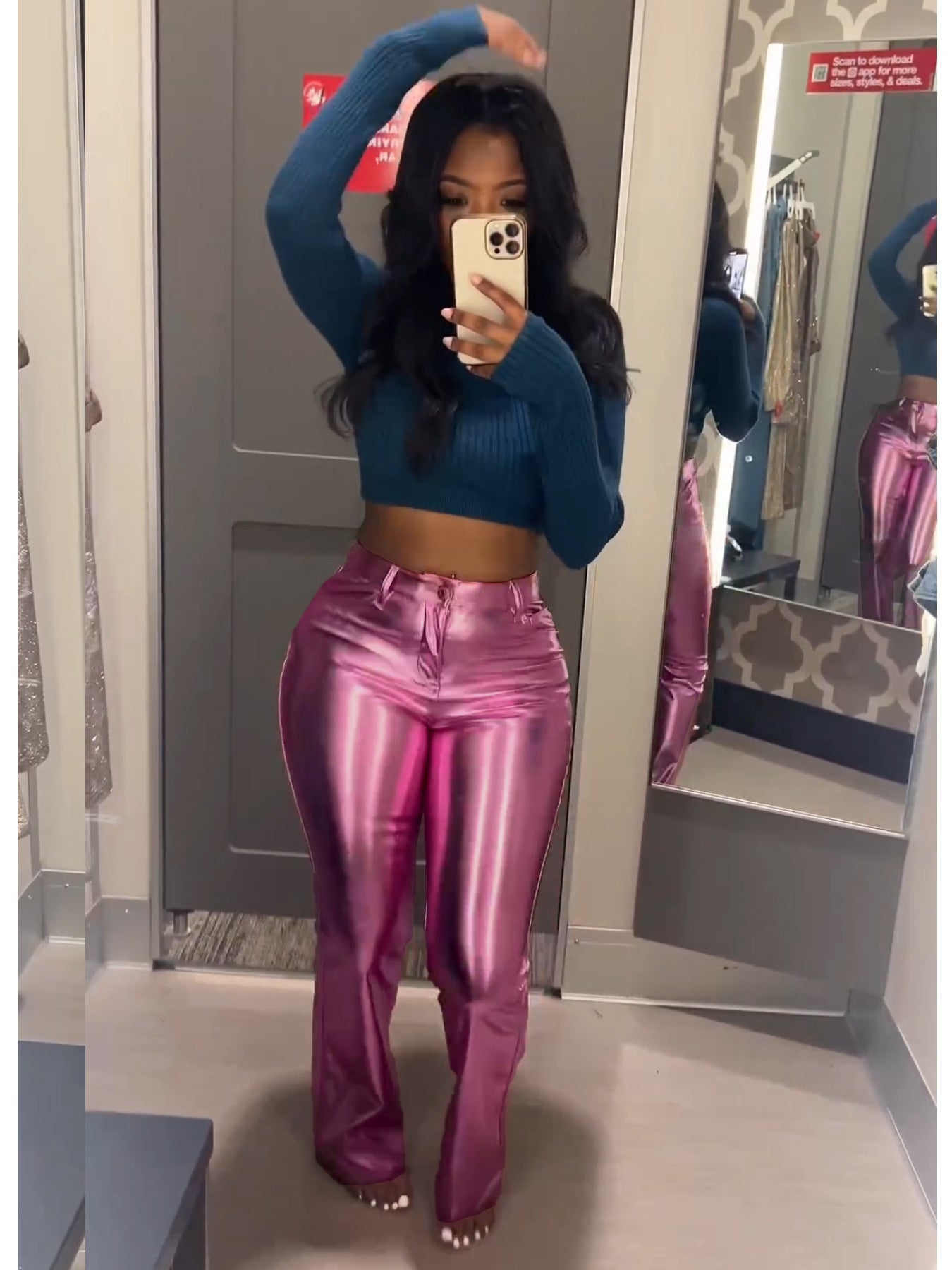 LADIES METALLIC PANTS PINK (SIZE S-2XL)