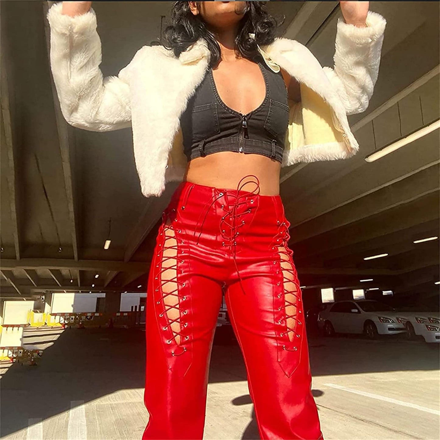 LADIES LACE UP PU LEATHER PANTS BLACK / RED / PINK (SIZE S - 2XL)