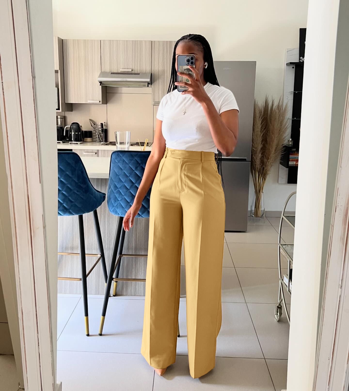 LADIES HIGH WAIST STRAIGHT LEG WIDE LEG PANTS YELLOW (SIZE S - 2XL)