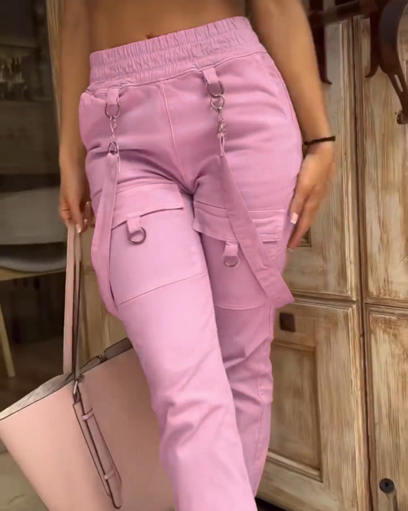 LADIES OVERALLS CARGO PANTS PINK / BLACK (SIZE S - 2XL)