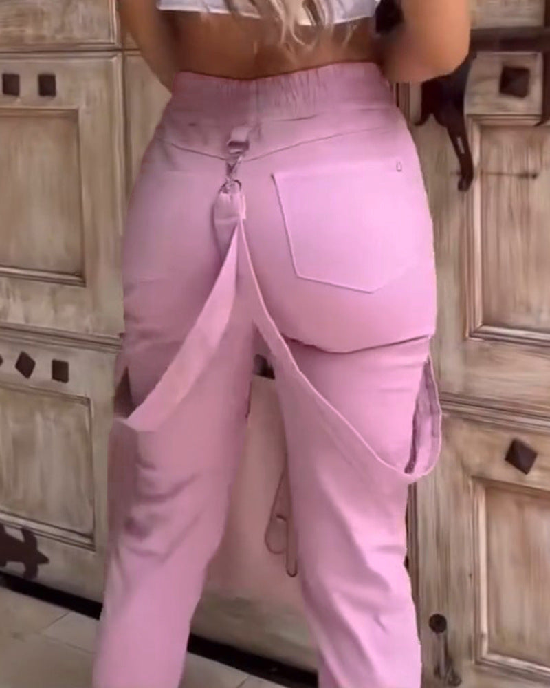 LADIES OVERALLS CARGO PANTS PINK / BLACK (SIZE S - 2XL)
