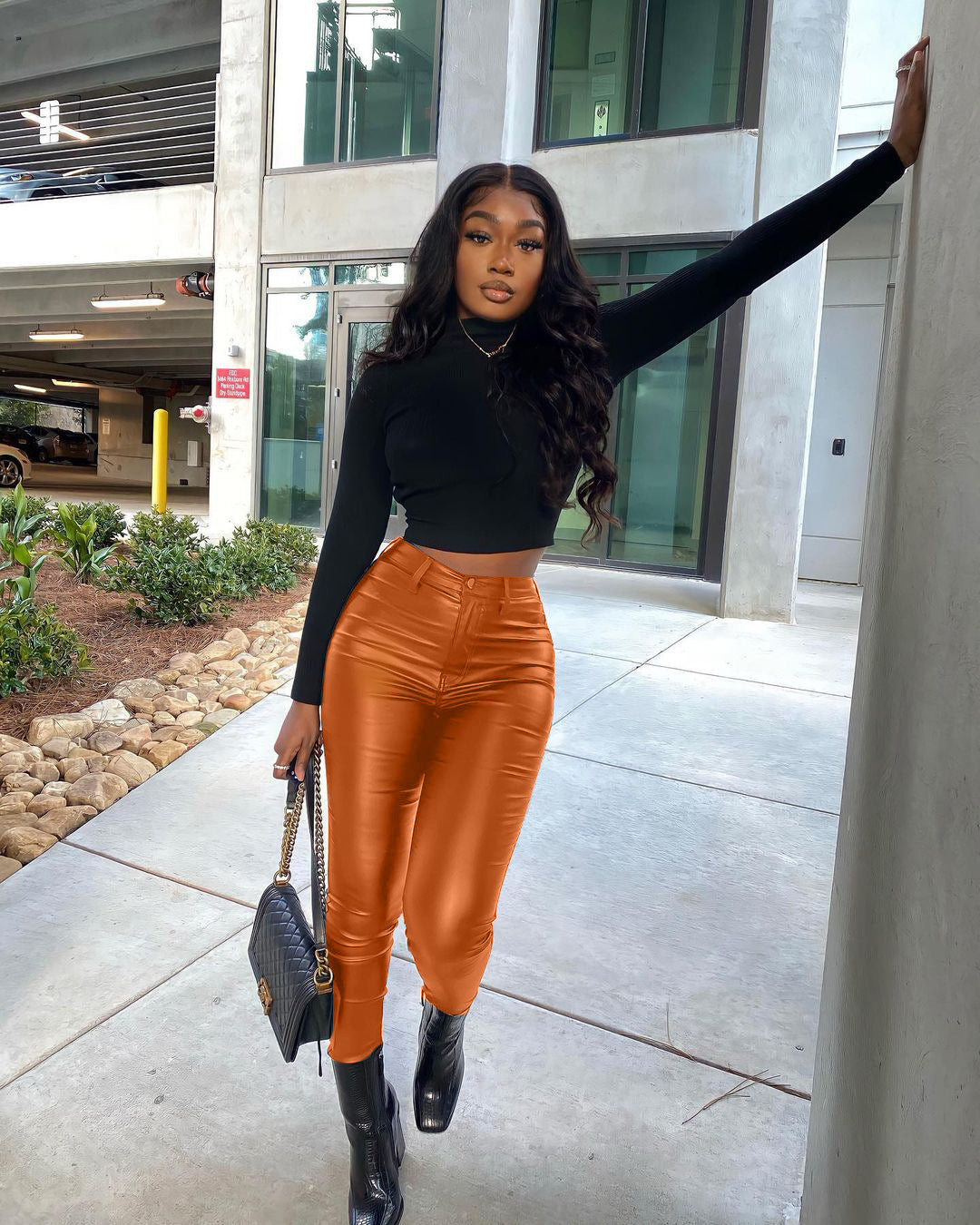 LADIES STRETCH LEG PU LEATHER PANTS BLACK / ORANGE-BROWN / WINE RED (SIZE S - 2XL)