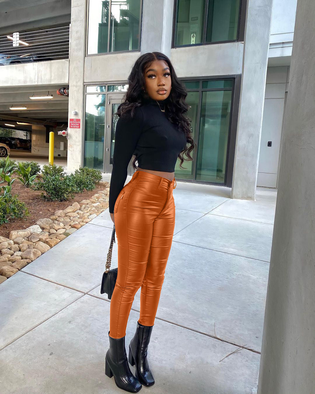 LADIES STRETCH LEG PU LEATHER PANTS BLACK / ORANGE-BROWN / WINE RED (SIZE S - 2XL)