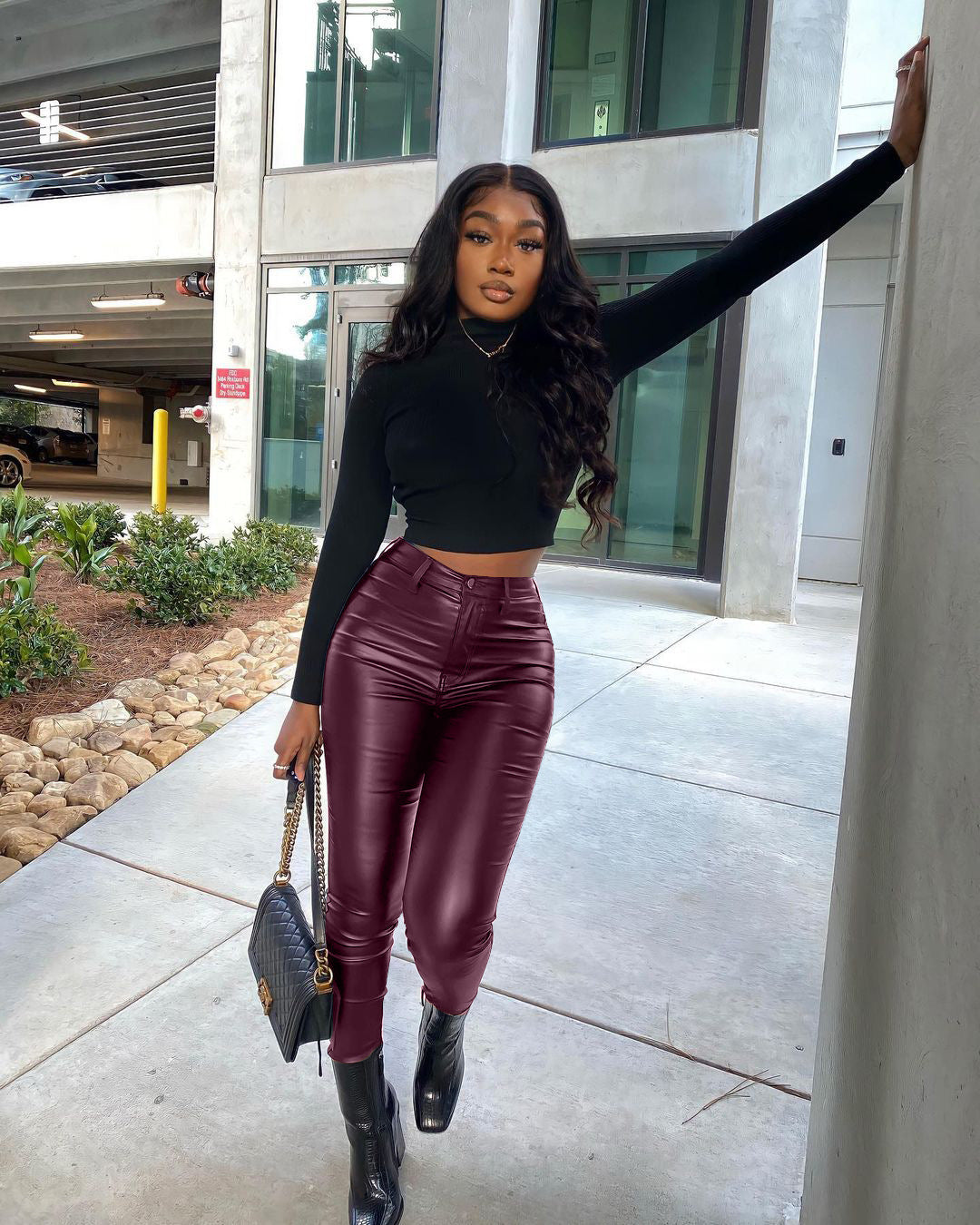 LADIES STRETCH LEG PU LEATHER PANTS BLACK / ORANGE-BROWN / WINE RED (SIZE S - 2XL)