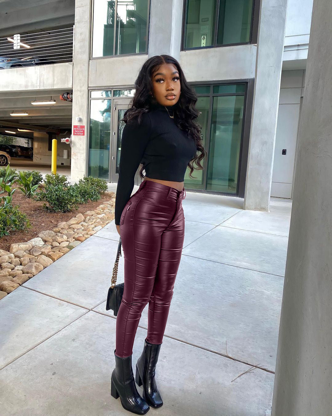 LADIES STRETCH LEG PU LEATHER PANTS BLACK / ORANGE-BROWN / WINE RED (SIZE S - 2XL)
