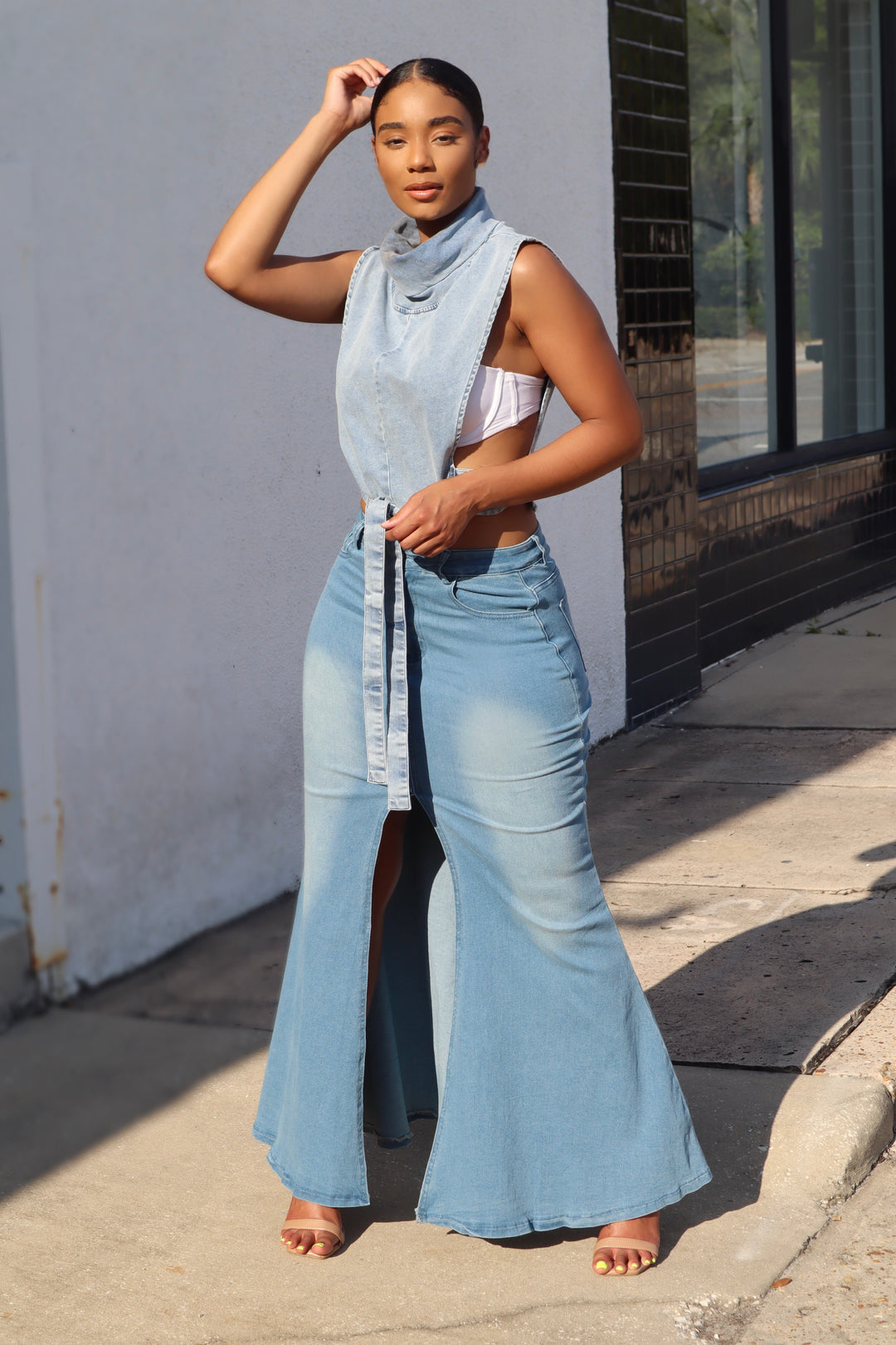 LADIES DENIM SKIRT WITH FRONT SLIT BLUE DENIM (SIZE S / M / L / XL / 2XL)