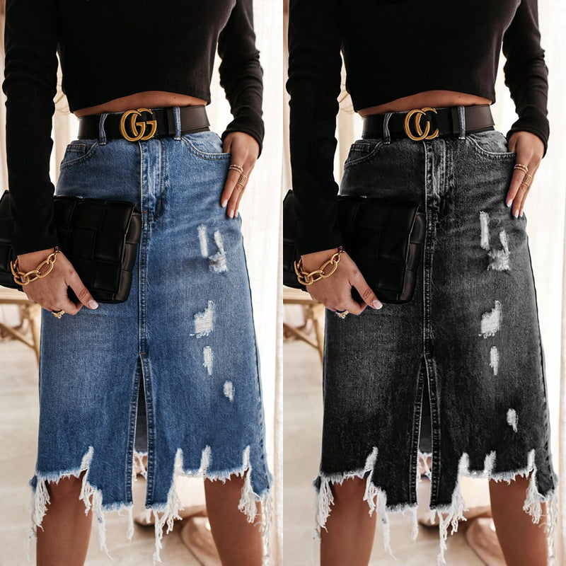LADIES LONG DENIM SKIRT BLACK / BLUE (SIZE S - 2XL)