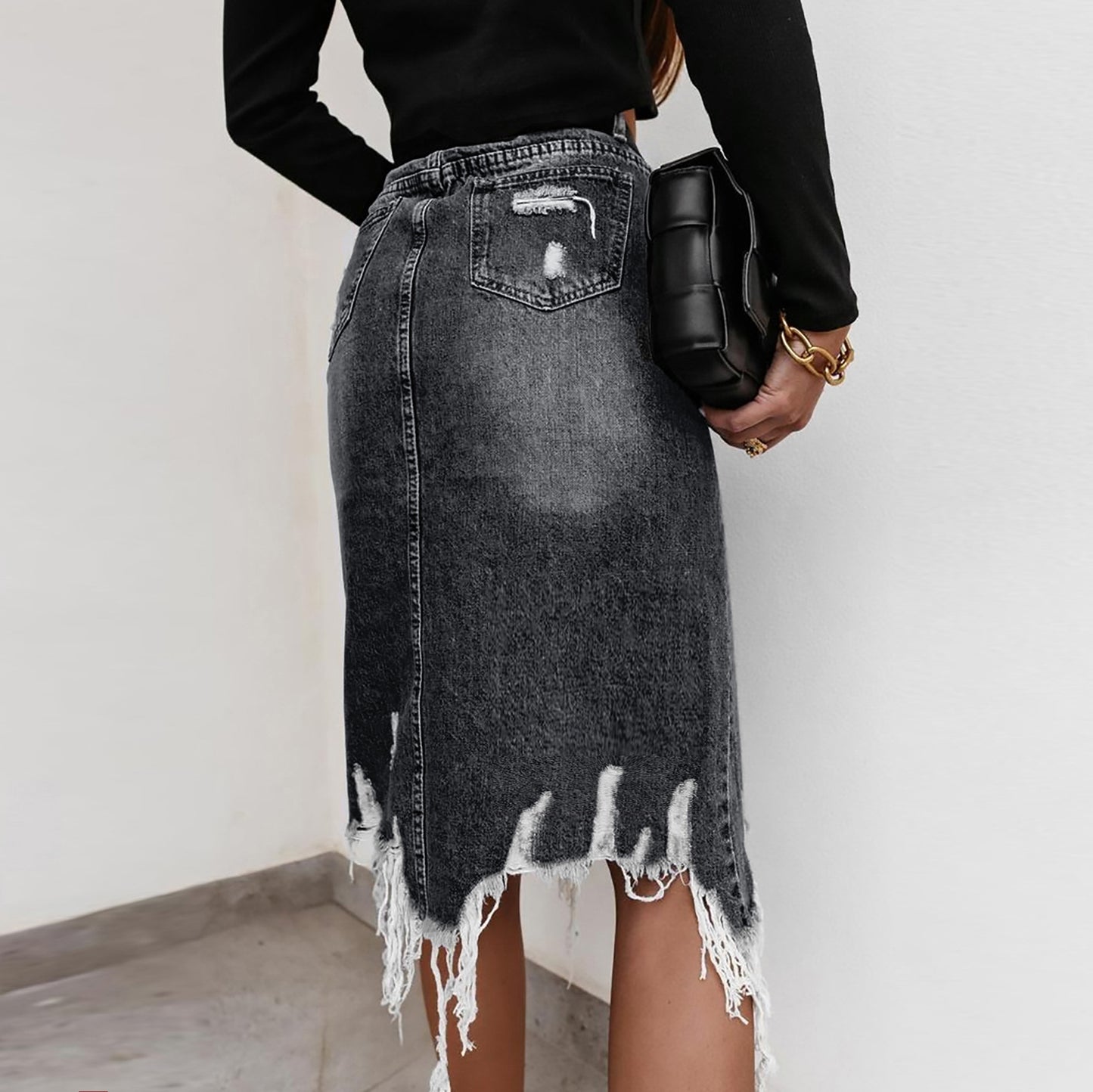 LADIES LONG DENIM SKIRT BLACK / BLUE (SIZE S - 2XL)