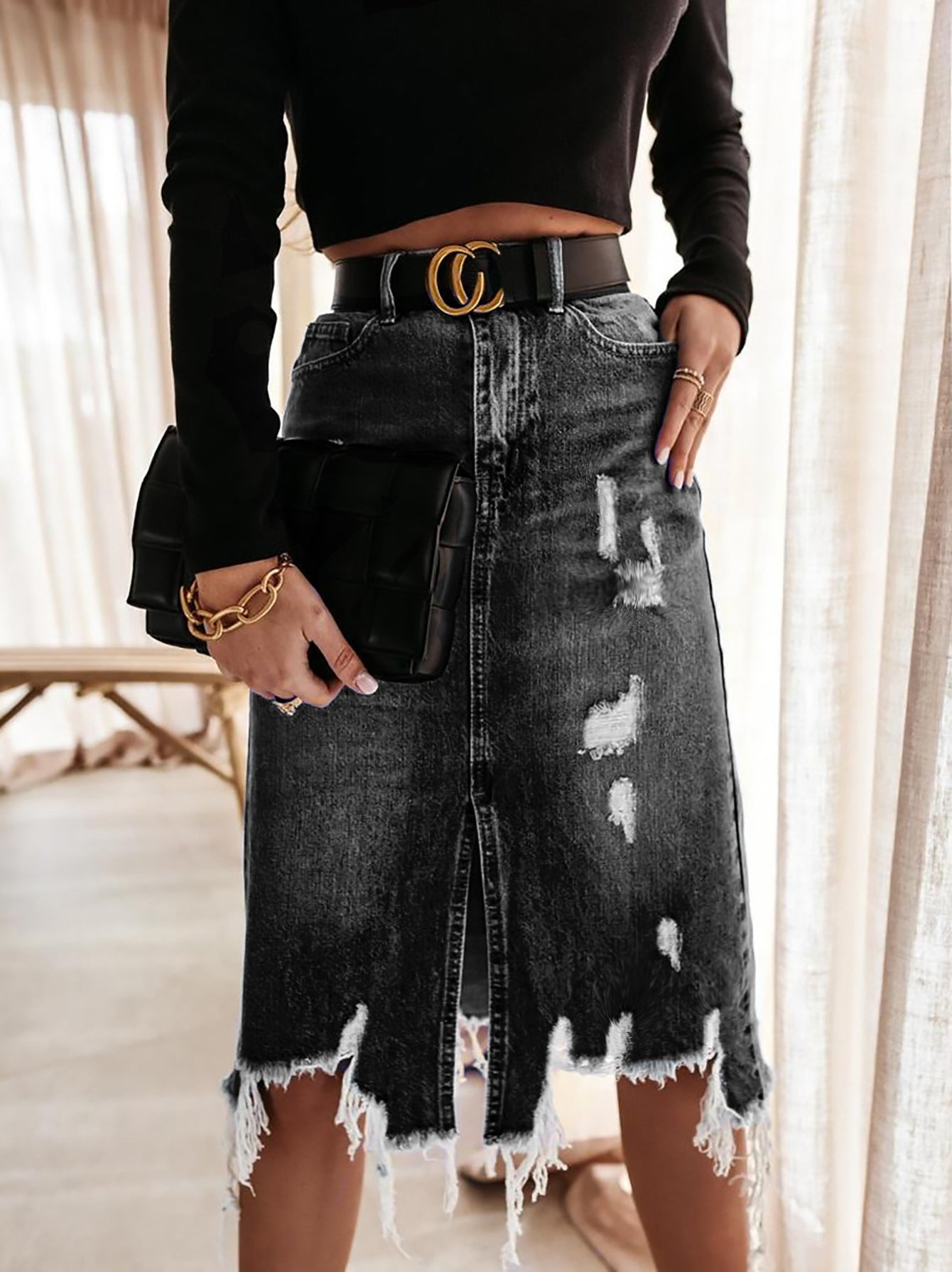LADIES LONG DENIM SKIRT BLACK / BLUE (SIZE S - 2XL)