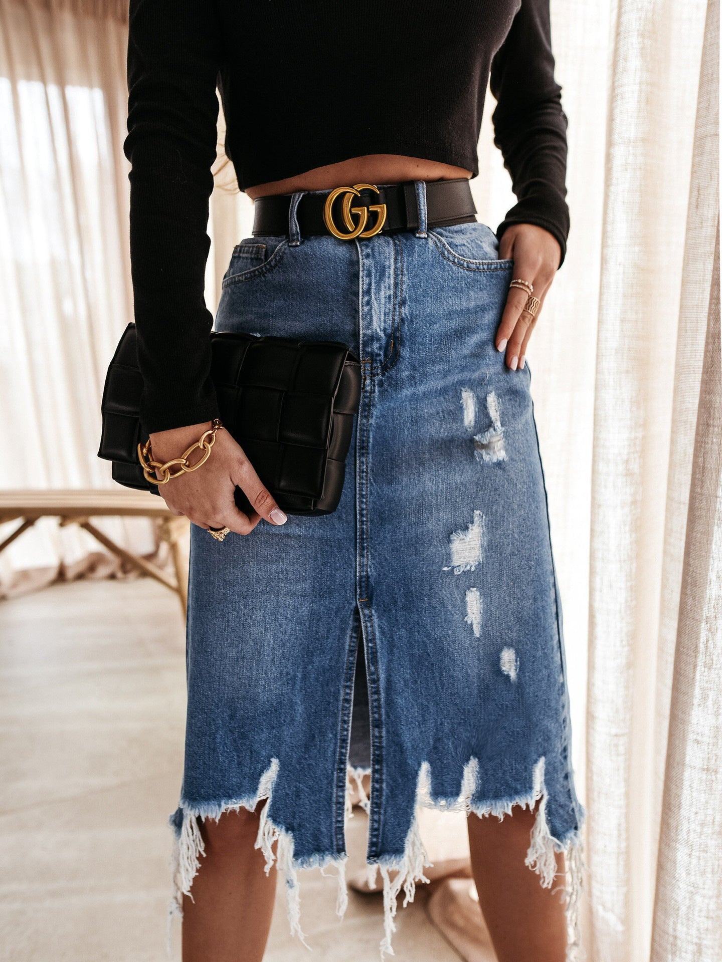 LADIES LONG DENIM SKIRT BLACK / BLUE (SIZE S - 2XL)