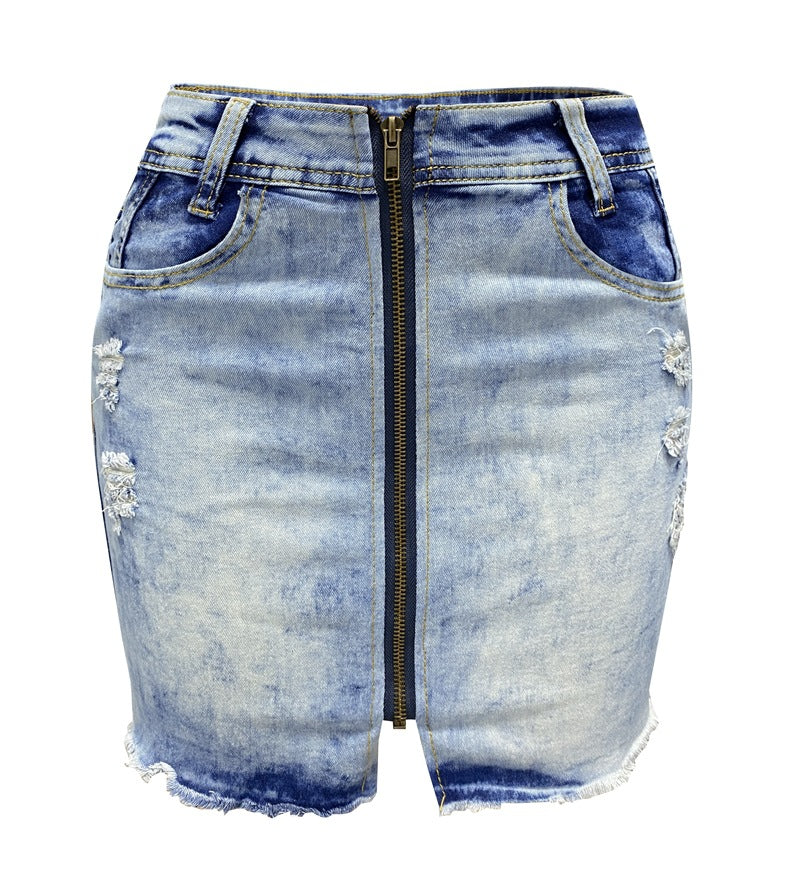 LADIES HIGH WAIST DENIM SKIRT WITH ZIPPER BLUE DENIM (SIZE S - XL)