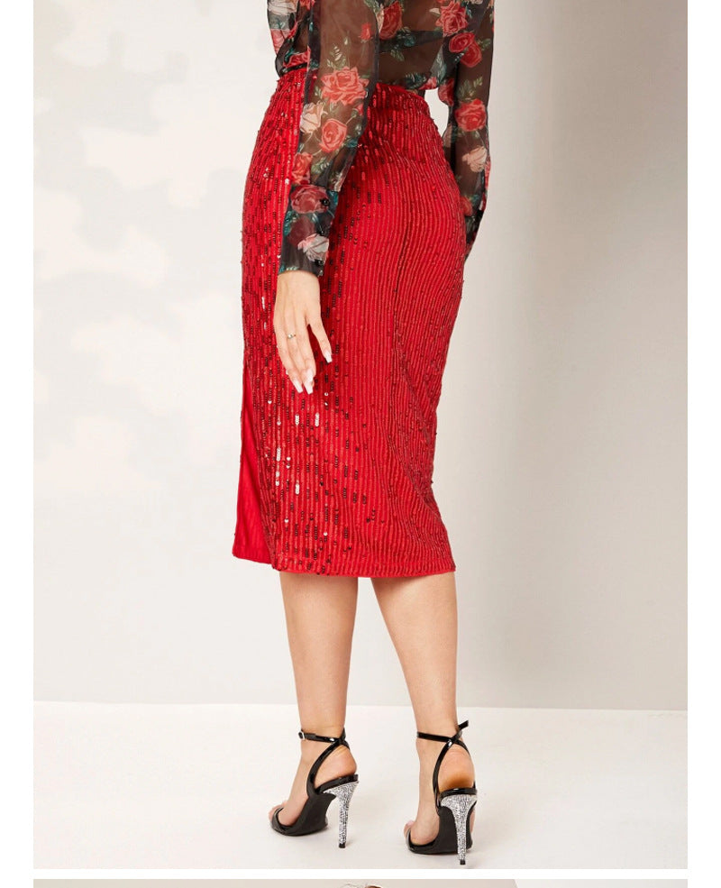 LADIES MID LENGTH SEQUINED SKIRT 14 COLOURS (SIZE S - 2XL)