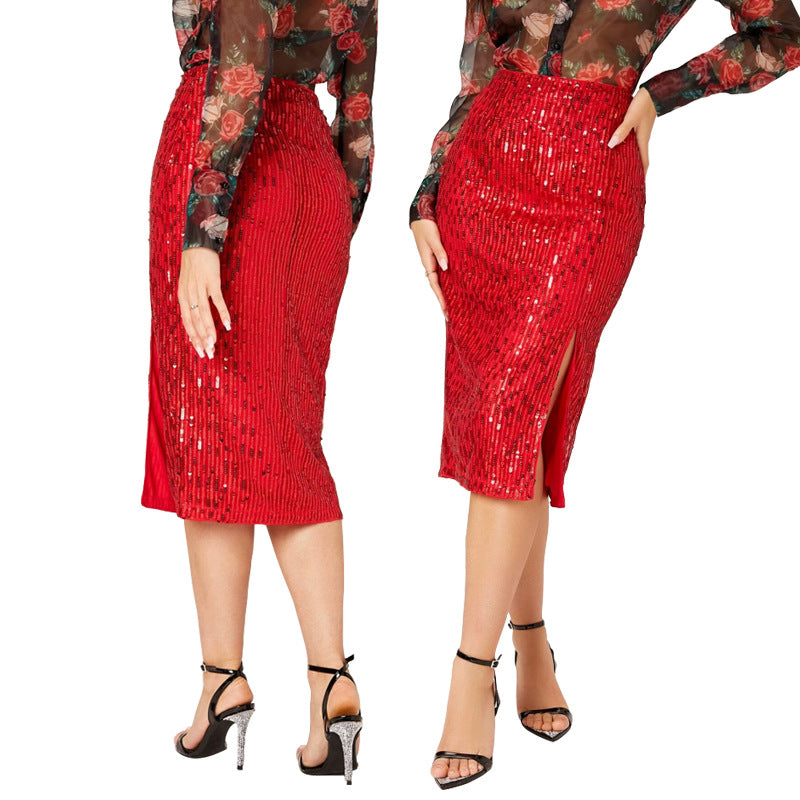 LADIES MID LENGTH SEQUINED SKIRT 14 COLOURS (SIZE S - 2XL)