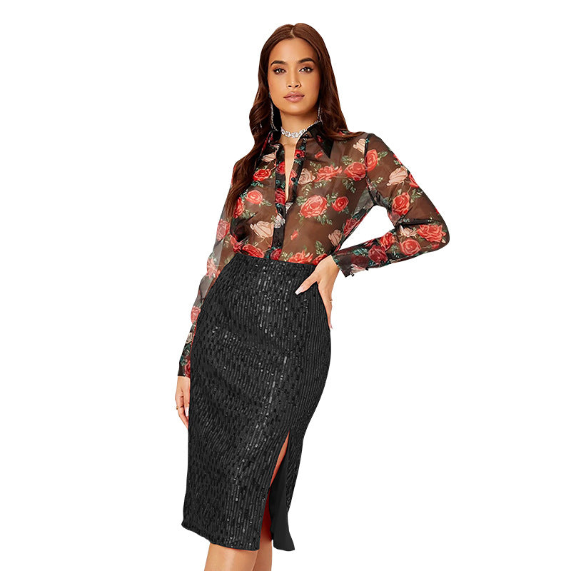 LADIES MID LENGTH SEQUINED SKIRT 14 COLOURS (SIZE S - 2XL)