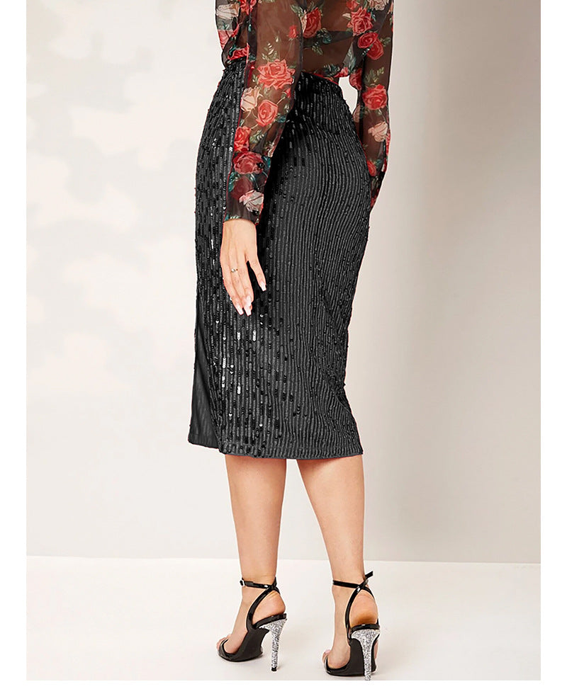 LADIES MID LENGTH SEQUINED SKIRT 14 COLOURS (SIZE S - 2XL)