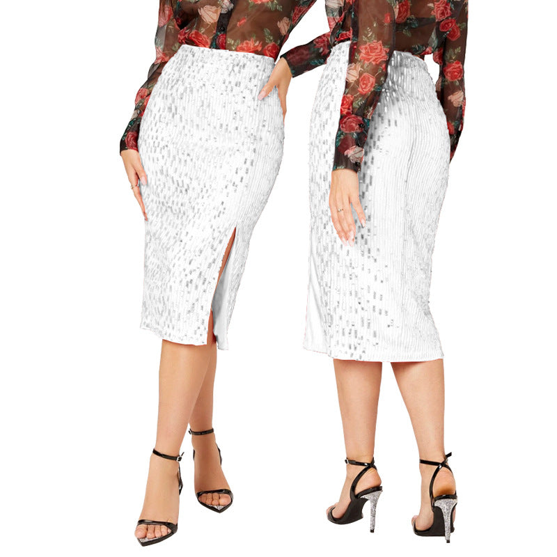 LADIES MID LENGTH SEQUINED SKIRT 14 COLOURS (SIZE S - 2XL)