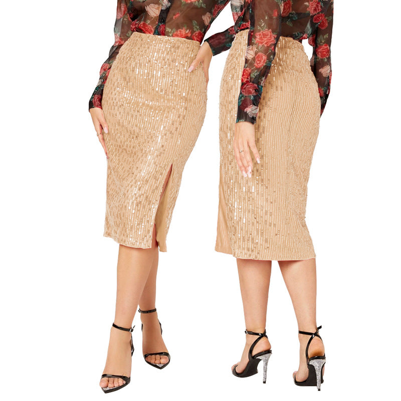 LADIES MID LENGTH SEQUINED SKIRT 14 COLOURS (SIZE S - 2XL)