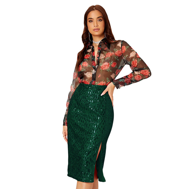 LADIES MID LENGTH SEQUINED SKIRT 14 COLOURS (SIZE S - 2XL)