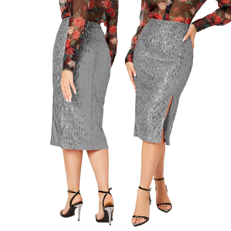 LADIES MID LENGTH SEQUINED SKIRT 14 COLOURS (SIZE S - 2XL)