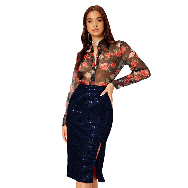 LADIES MID LENGTH SEQUINED SKIRT 14 COLOURS (SIZE S - 2XL)
