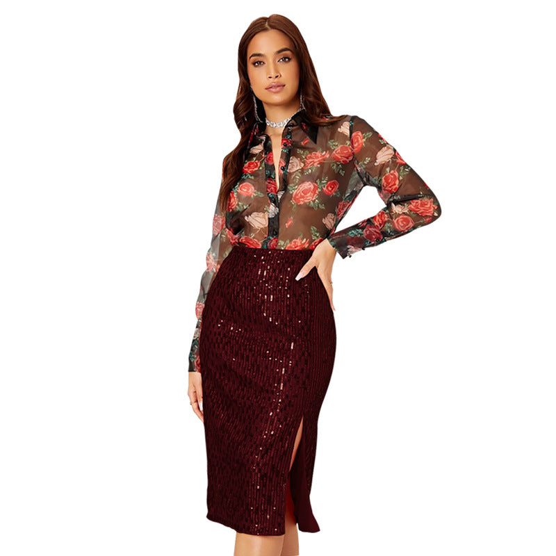 LADIES MID LENGTH SEQUINED SKIRT 14 COLOURS (SIZE S - 2XL)