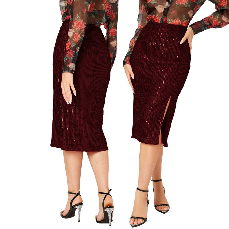 LADIES MID LENGTH SEQUINED SKIRT 14 COLOURS (SIZE S - 2XL)