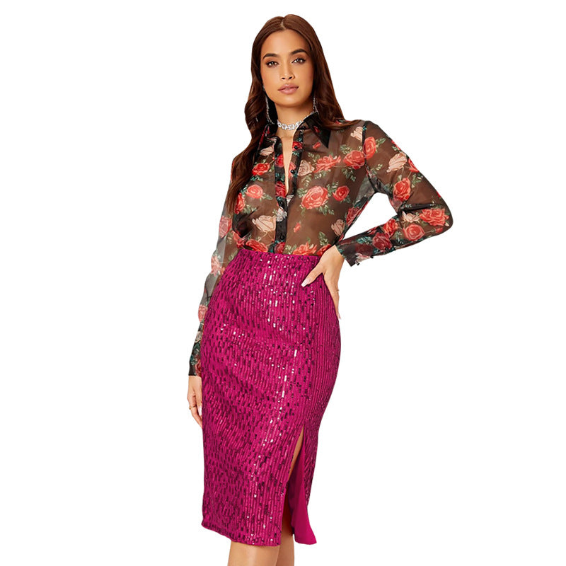 LADIES MID LENGTH SEQUINED SKIRT 14 COLOURS (SIZE S - 2XL)