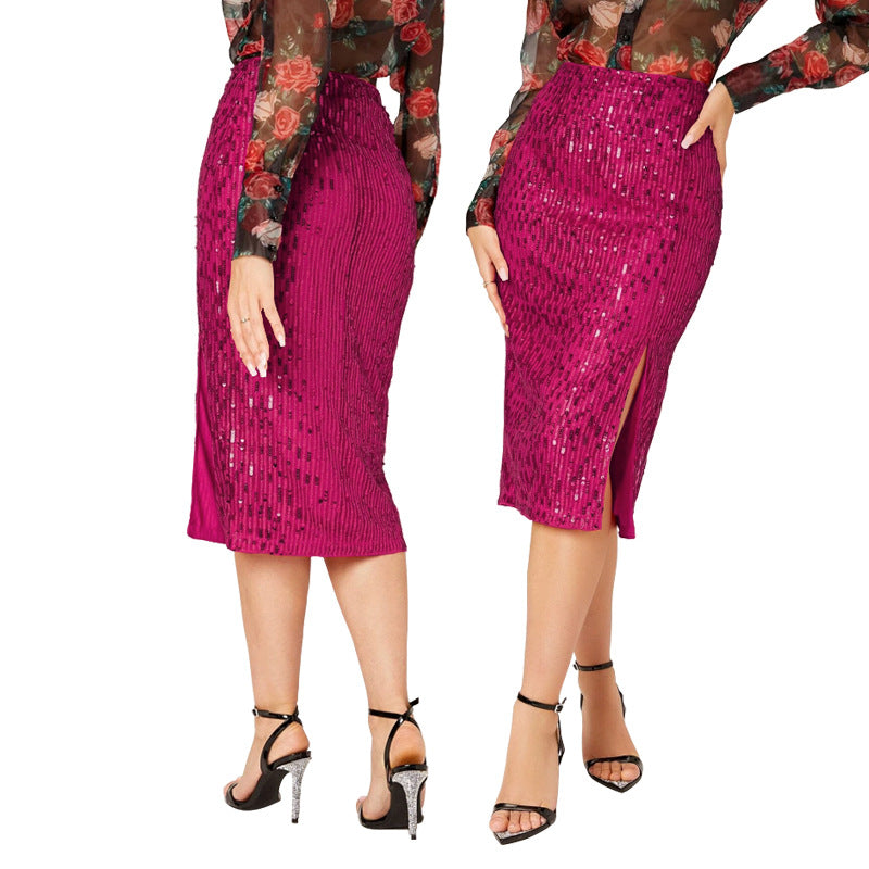 LADIES MID LENGTH SEQUINED SKIRT 14 COLOURS (SIZE S - 2XL)