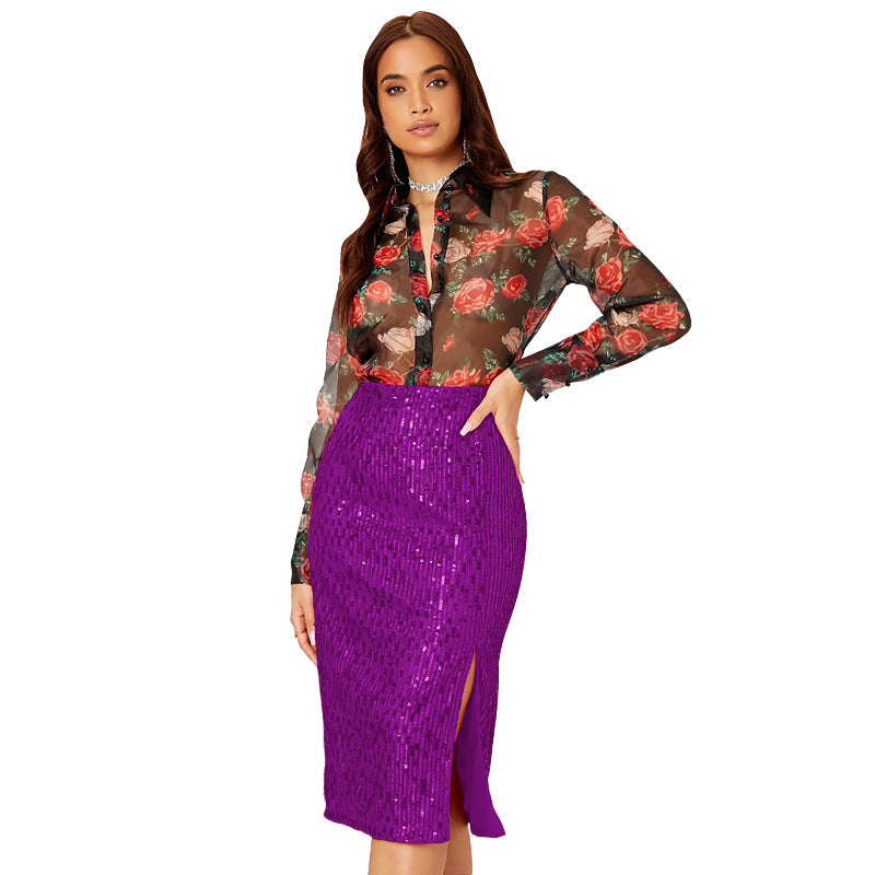 LADIES MID LENGTH SEQUINED SKIRT 14 COLOURS (SIZE S - 2XL)