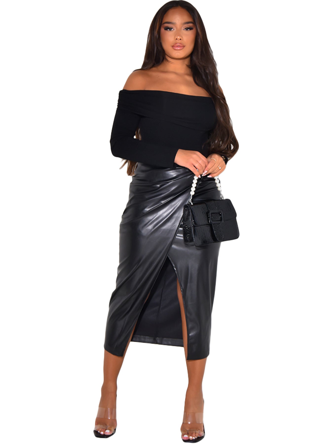 LADIES HIGH WAIST PU LEATHER SKIRT BLACK (SIZE S - 2XL)