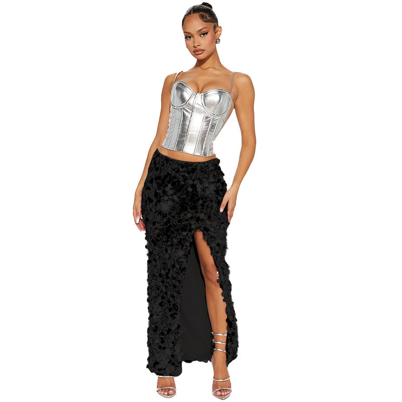 LADIES LONG SKIRT WITH SLIT WHITE / BLACK / YELLOW GOLD / SILVER (SIZE S - 2XL)