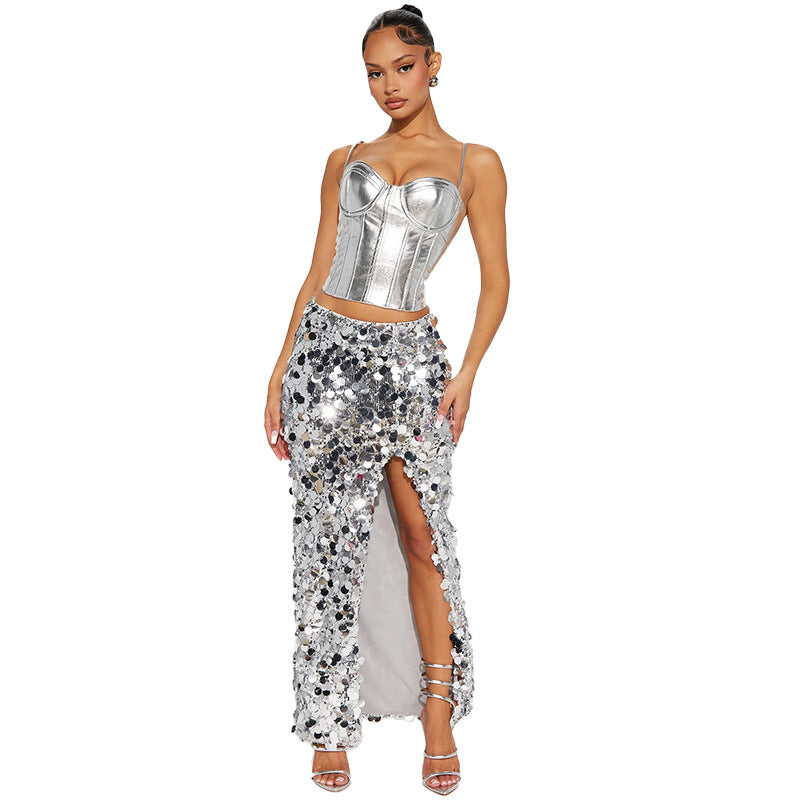 LADIES LONG SKIRT WITH SLIT WHITE / BLACK / YELLOW GOLD / SILVER (SIZE S - 2XL)