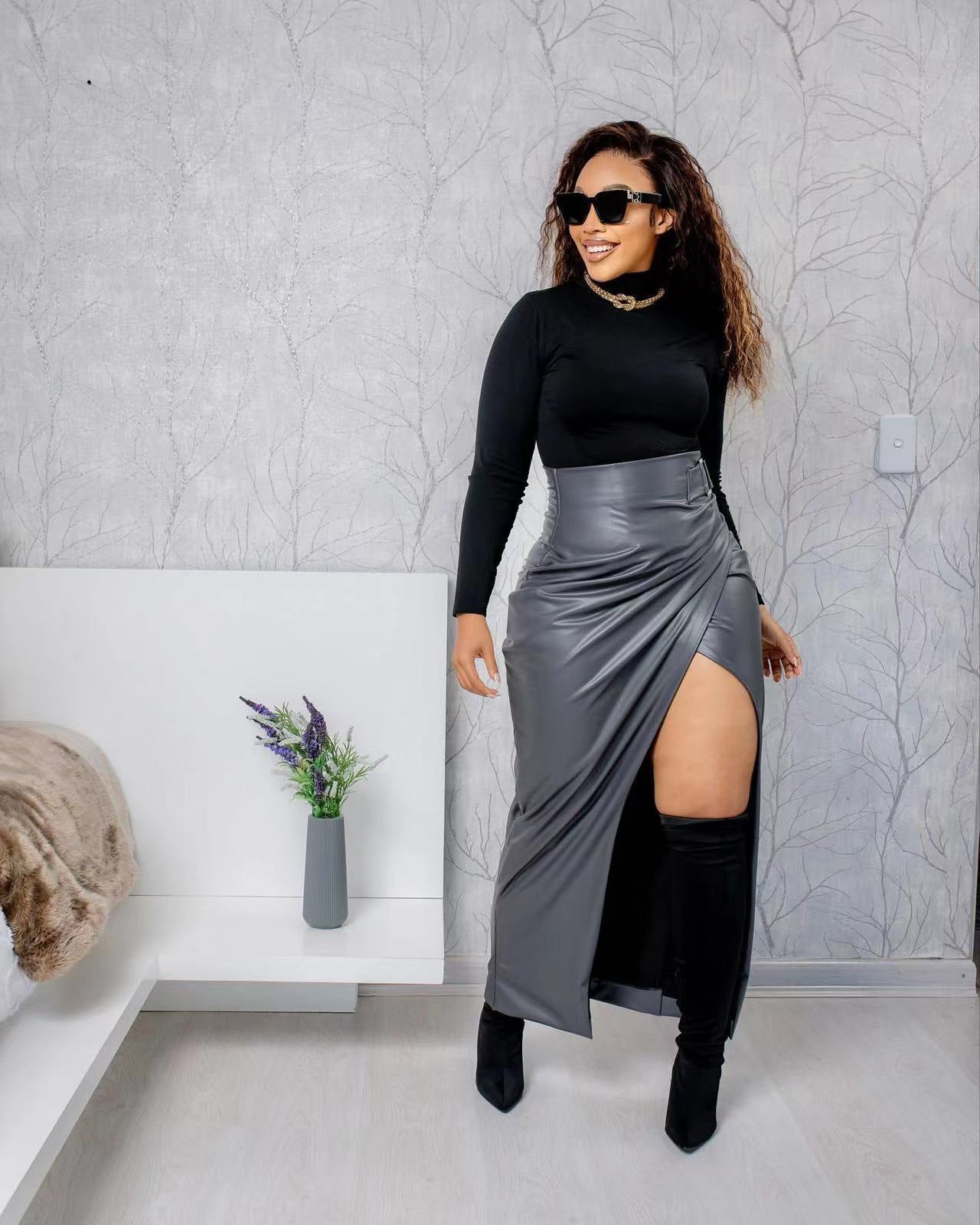 PU LEATHER SKIRT WITH SLIT GRAY (SIZE S - 2XL)