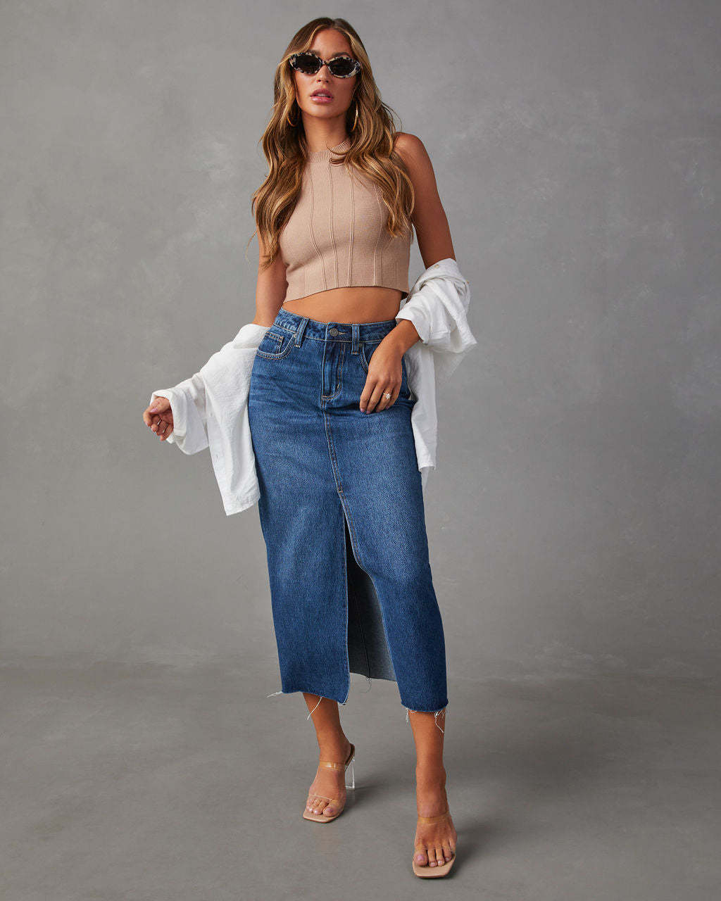 LADIES LIGHT BLUE DENIM SKIRT LIGHT BLUE DENIM / BLUE DENIM (SIZE S - 2XL)