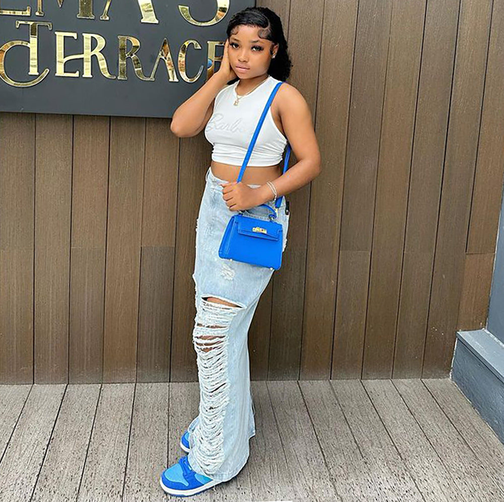 LADIES DISTRESSED DENIM SKIRT LIGHT BLUE DENIM (SIZE S - 2XL)