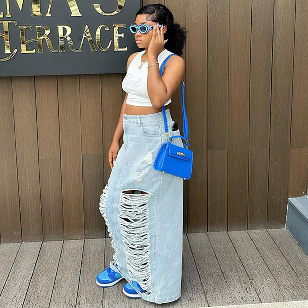 LADIES DISTRESSED DENIM SKIRT LIGHT BLUE DENIM (SIZE S - 2XL)
