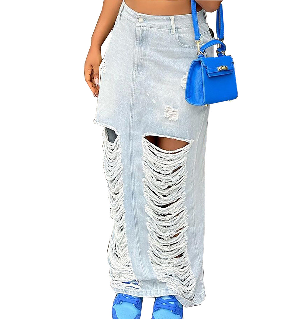 LADIES DISTRESSED DENIM SKIRT LIGHT BLUE DENIM (SIZE S - 2XL)