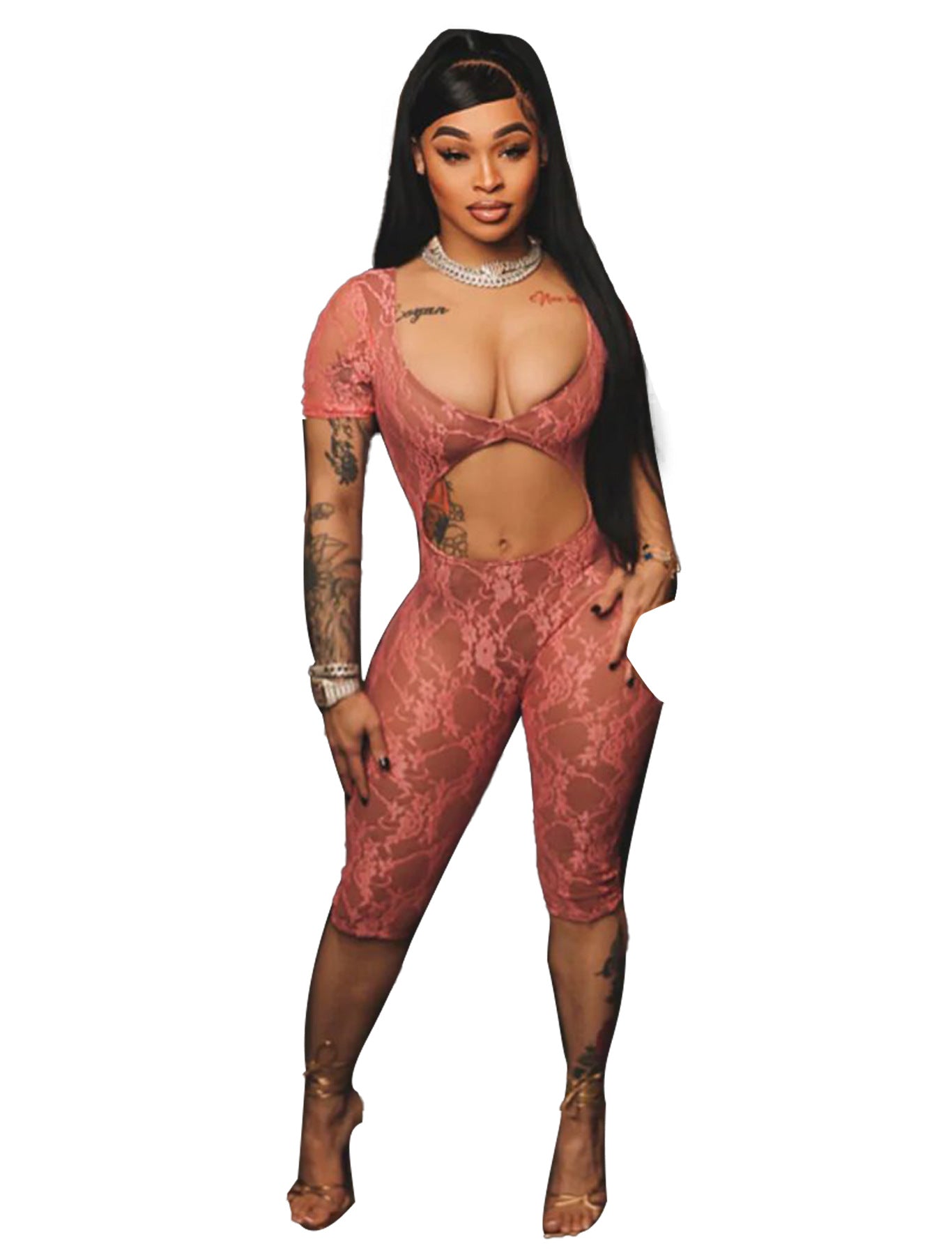 LADIES SHORT SLEEVE LACE JUMPSUIT BLACK / RED / PINK / BRIGHT PINK / BLUE (SIZE S - 2XL)