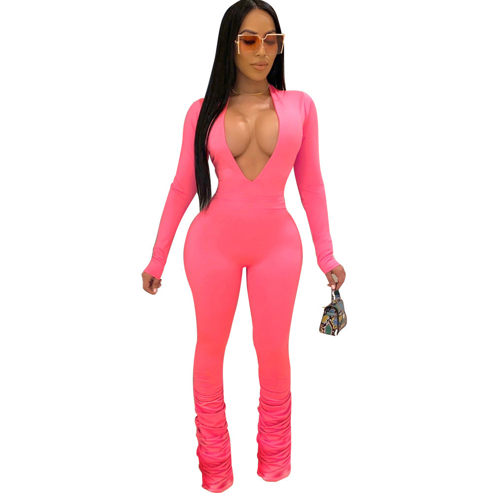 LADIES LONG SLEEVE JUMPSUIT PINK / BLACK / YELLOW / ORANGE / YELLOW-GREEN (SIZE S - 3XL)