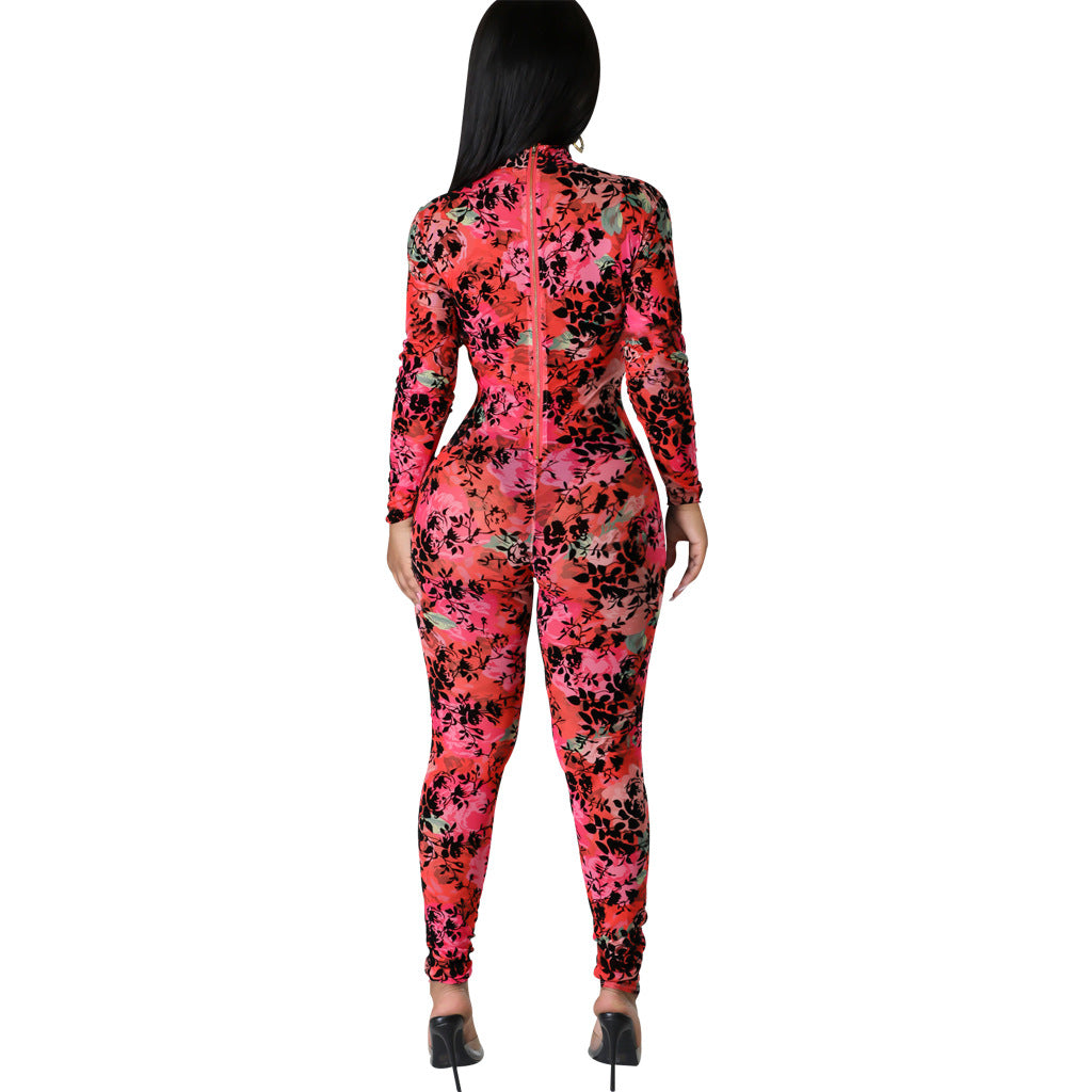 LADIES LONG SLEEVE MESH JUMPSUIT RED / BLACK (SIZE S - 2XL)