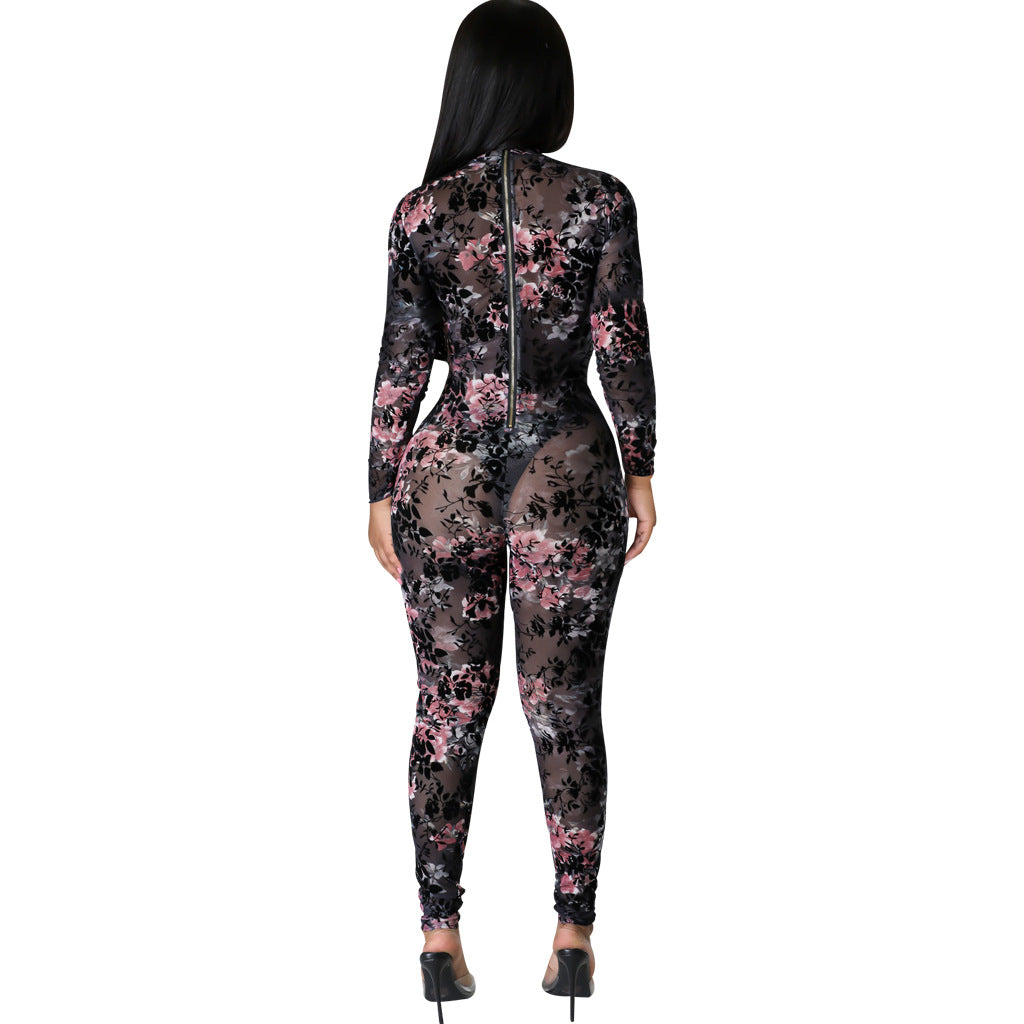 LADIES LONG SLEEVE MESH JUMPSUIT RED / BLACK (SIZE S - 2XL)