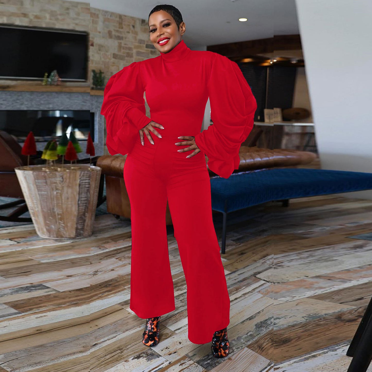 LADIES WIDE LEG JUMPSUIT BLACK / RED (SIZE S - 3XL)