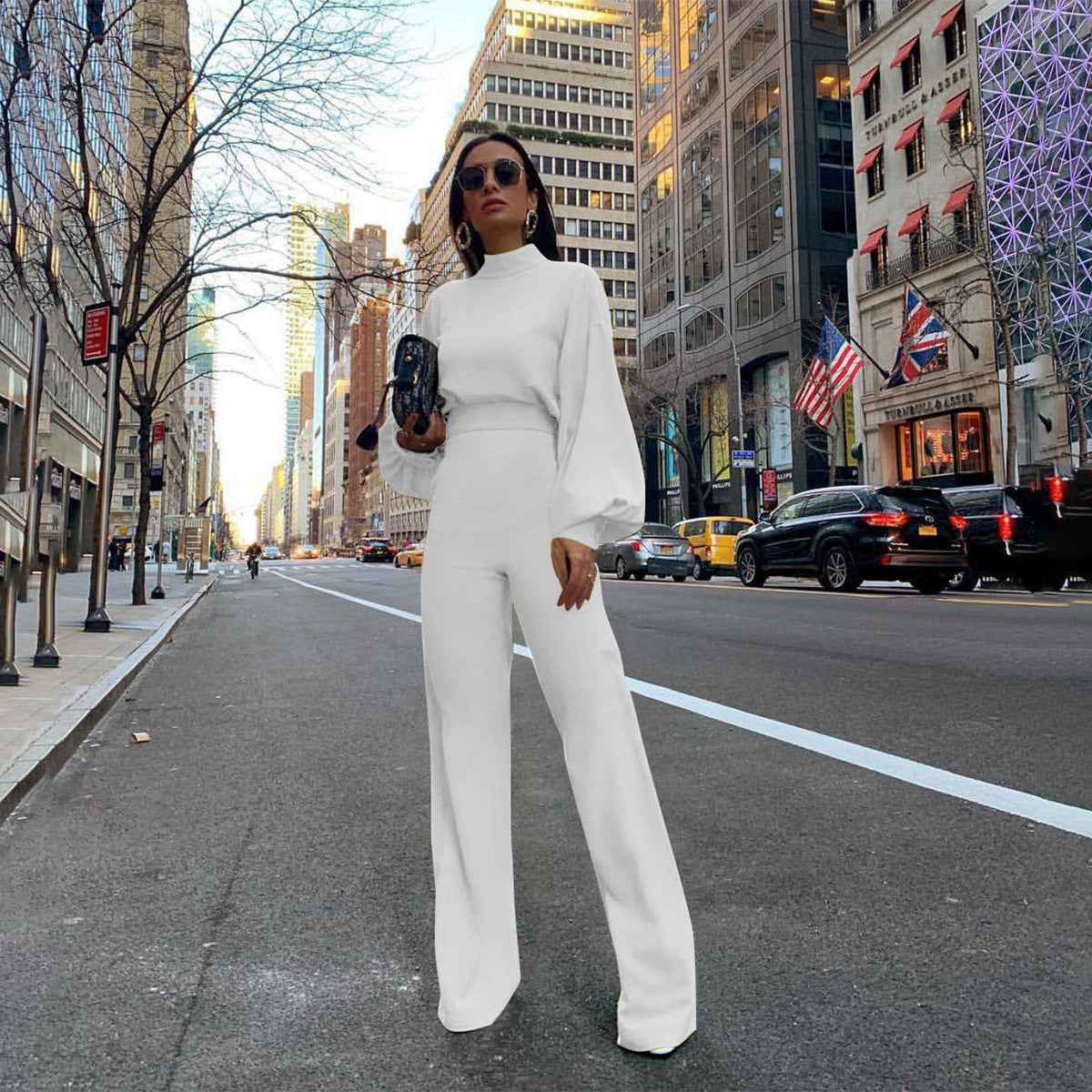 LADIES LONG SLEEVE WIDE LEG JUMPSUIT WHITE / YELLOW / BLACK (SIZE S - XL)