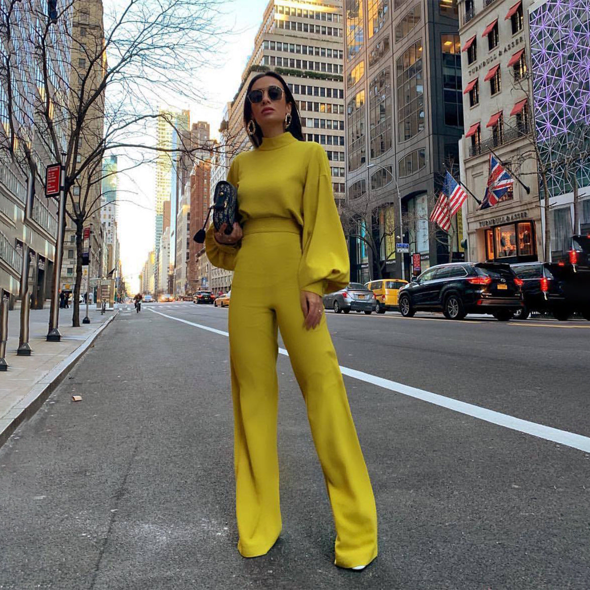 LADIES LONG SLEEVE WIDE LEG JUMPSUIT WHITE / YELLOW / BLACK (SIZE S - XL)