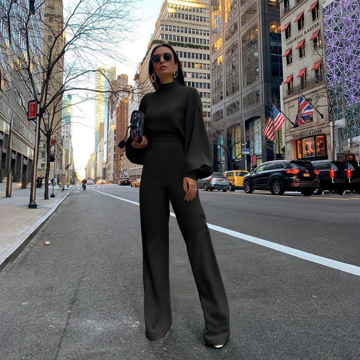 LADIES LONG SLEEVE WIDE LEG JUMPSUIT WHITE / YELLOW / BLACK (SIZE S - XL)
