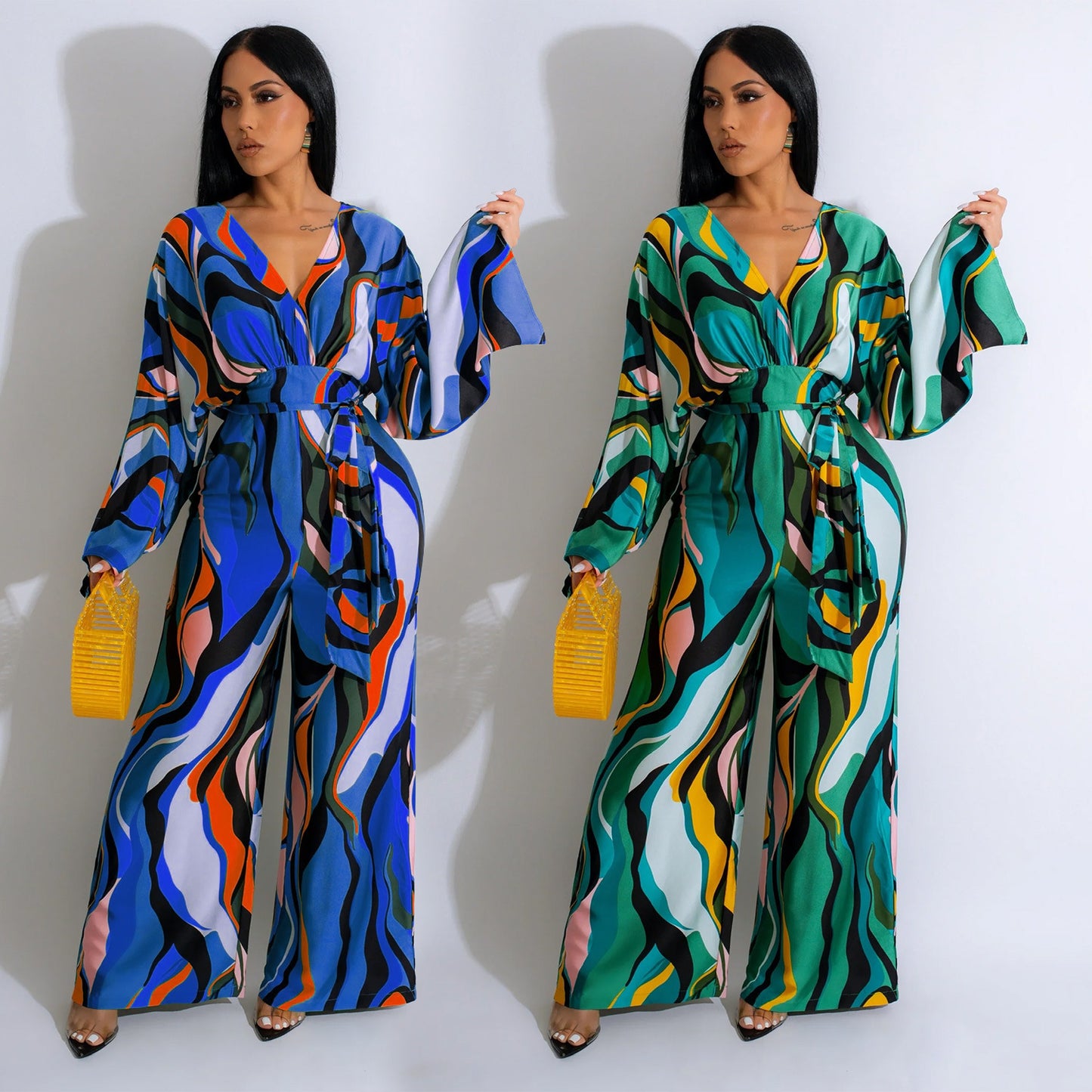 LADIES PRINTED LONG SLEEVE JUMPSUIT BLUE / GREEN (SIZE S - 2XL)